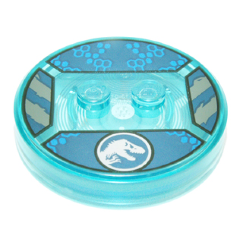 Деталь LEGO 18605c01pb14 Dimensions Toy Tag 4 x 4 x 2/3 with 2 Studs and Trans-Light Blue Bottom with Silver Jurassic World Logo and Blue Hexagons on Dark Blue Background Pattern (ACU)