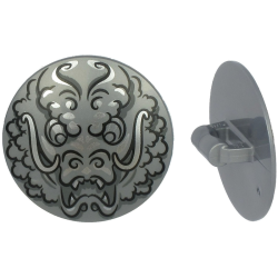Minifigure, Shield Circular / Round Convex Face with Black and Silver Ninjago Dragon Head Pattern Minifigure, Shield Circular / Round Convex Face with Black and Silver Ninjago Dragon Head Pattern
