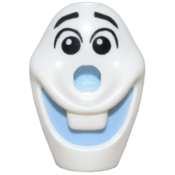 Minifigure, Head, Modified Olaf with Hole on Top with Molded Bright Light Blue Mouth and Nose and Printed Black Raised Eyebrows and Eyes with Glints to Right Pattern