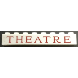 Brick 1 x 8 without Bottom Tubes with Cross Supports with Red 'THEATRE' Serif Pattern
