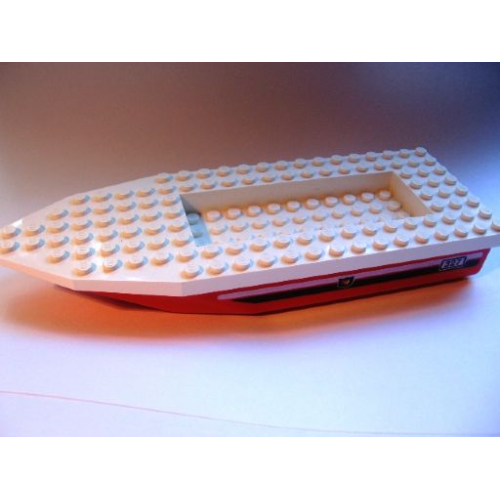 Деталь LEGO 71958c01pb01 Boat, Hull Unitary 22 x 8 x 2 1/3 with White Top with Number 327 and Fire Logo on Black and White Stripes Pattern on Both Sides (71958pb01 / 30255)