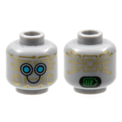 Minifigure, Head Alien Robot with Gold Circuitry, Medium Azure Eyes, Black Smile, and Bright Green Battery Indicator on Back Pattern