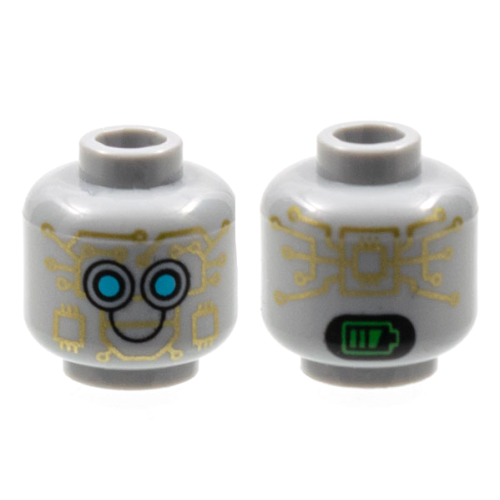 Деталь LEGO 3626pb2957 Minifigure, Head Alien Robot with Gold Circuitry, Medium Azure Eyes, Black Smile, and Bright Green Battery Indicator on Back Pattern