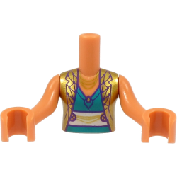 Torso Mini Doll Girl Gold Vest with Dark Purple Overlay, Dark Turquoise Top and Gold Necklace Pattern, Nougat Arms with Hands