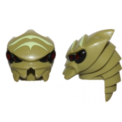 Minifigure, Head, Modified Galaxy Squad Alien Buggoid with Yellowish Green Stripes and Black Eyes with Red Dots Pattern - Olive Green Minifigure, Head, Modified Galaxy Squad Alien Buggoid with Yellowish Green Stripes and Black Eyes with Red Dots Pattern - Olive Green