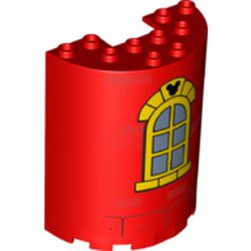 Деталь LEGO 87926pb020 Cylinder Half 3 x 6 x 6 with 1 x 2 Cutout with Curved Yellow Window with Bricks and Mickey Mouse Logo Pattern