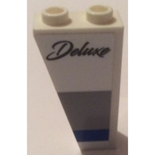 Деталь LEGO 2449pb013L Slope, Inverted 75 2 x 1 x 3 with 'Deluxe' and Light Bluish Gray and Blue Stripe Pattern Model Left Side (Sticker) - Set 60182