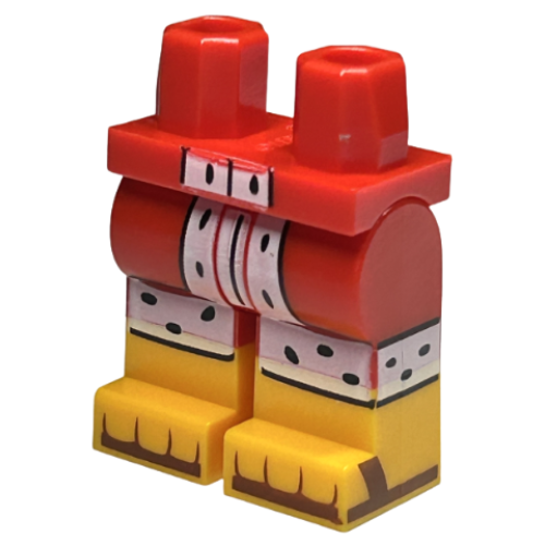 Деталь LEGO 970c00pb1490 Hips and Legs with Molded Bright Light Orange Lower Legs / Boots and Printed White Coat Trim with Black Spots, Reddish Brown Sandals and Toes Pattern