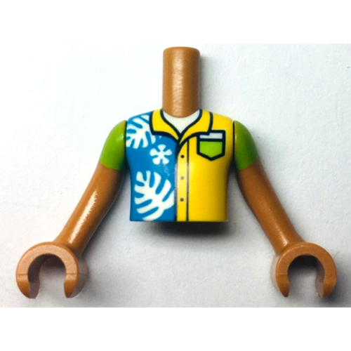 Деталь LEGO FTBpb080c01 Torso Mini Doll Boy Dark Azure and Yellow Shirt with White Leaves and Lime Pocket Pattern, Medium Nougat Arms with Hands with Lime Short Sleeves