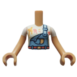 Torso Mini Doll Girl Bright Light Blue Overalls over White Shirt with Paint Stains Pattern, Medium Tan Arms with Hands with White Short Sleeves