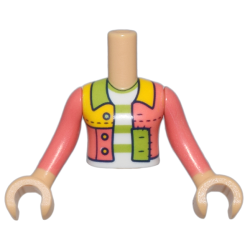 Torso Mini Doll Girl Coral, Lime, and Bright Light Orange Patchwork Jacket Open over White Shirt with Stripes Pattern, Medium Tan Arms with Hands with Coral Long Sleeves