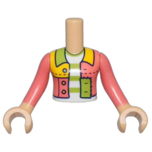 Деталь LEGO FTGpb446c01 Torso Mini Doll Girl Coral, Lime, and Bright Light Orange Patchwork Jacket Open over White Shirt with Stripes Pattern, Medium Tan Arms with Hands with Coral Long Sleeves