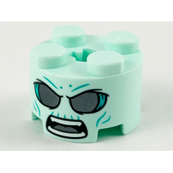 Brick, Round 2 x 2 with Axle Hole with Large Dark Silver Eyes, Dark Turquoise Wrinkles, Angry Open Mouth with Teeth Parted and Tongue Pattern