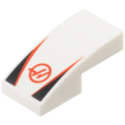 Slope, Curved 2 x 1 x 2/3 with Haas Formula 1 Logo Stylized Capital Letter H in Circle, Red Stripes, Black Triangles Pattern Slope, Curved 2 x 1 x 2/3 with Haas Formula 1 Logo Stylized Capital Letter H in Circle, Red Stripes, Black Triangles Pattern