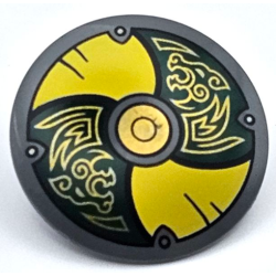 Minifigure, Shield Circular / Round Convex Face with Yellow and Dark Green Alternating Panels with Gold Center Circle and Odin's Wolves Pattern Minifigure, Shield Circular / Round Convex Face with Yellow and Dark Green Alternating Panels with Gold Center Circle and Odin's Wolves Pattern