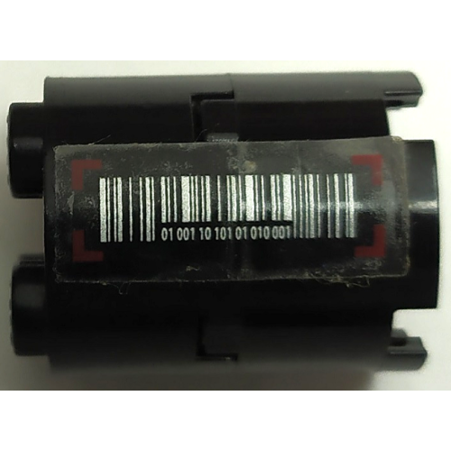 Деталь LEGO BA262pb04 Stickered Assembly 2 x 2 x 2 with Silver Barcode and Dark Red Corners Pattern (Sticker) - Set 7702 - 2 Brick, Round 2 x 2 with Axle Hole