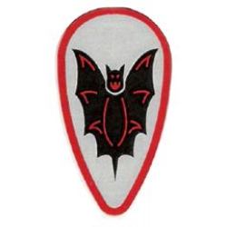 Minifigure, Shield Oval with Black Bat and Red Border on Silver Background Pattern Minifigure, Shield Oval with Black Bat and Red Border on Silver Background Pattern