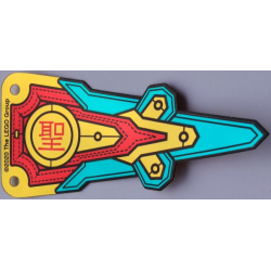 Plastic Part for Set 80012 - Pennant Flag with Red Band, Black Stitching, Dark Turquoise and Gold Panels, and Chinese Logogram '聖' (Saint) Pattern