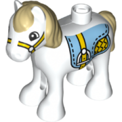 Duplo Horse Baby Foal Pony with Tan Mane and Tail, Bright Light Blue Saddle with Stirrups, Yellow Bridle Pattern
