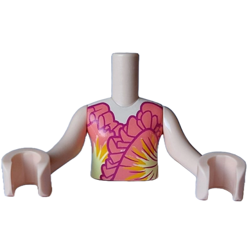 Деталь LEGO FTGpb492c01 Torso Mini Doll Girl Coral Dress Top with Dark Purple Ruffles and Bright Light Orange and Bright Light Yellow Flashing Accents Pattern, Light Nougat Arms with Hands