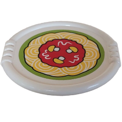 Duplo Utensil Disk with Red Tomato Sauce, Yellow Mushrooms, and Spaghetti Pasta on Lime Background Pattern