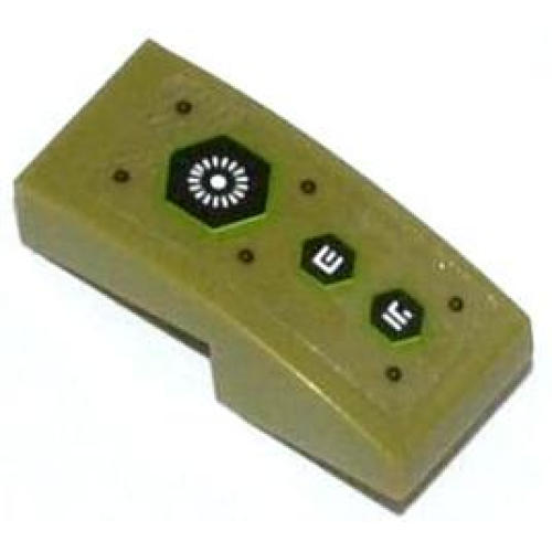 Деталь LEGO 11477pb001 Slope, Curved 2 x 1 x 2/3 with Hexagonal Buttons with Alien Characters Pattern (Sticker) - Set 70708