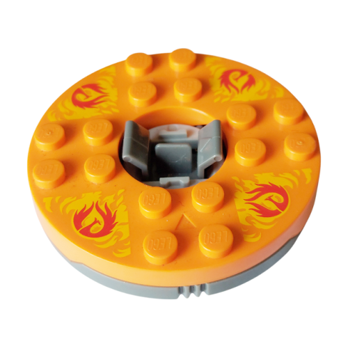 Деталь LEGO 92549c05pb02 Turntable 6 x 6 x 1 1/3 Round Base with Orange Top and Red Phoenixes on Yellow Flames Pattern (Ninjago Spinner)