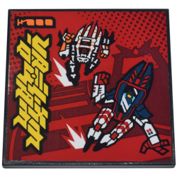Tile 6 x 6 with Bottom Tubes with Mechs and Yellow Ninjago Logogram 'MECH MASTER' on Dark Red Gradient Pattern (Sticker) - Set 71799