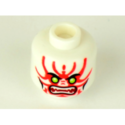 Minifigure, Head Alien with Lime Eyes, White Fangs, Red Face Decorations, Dark Red Mouth and Black Cheek Lines Pattern
