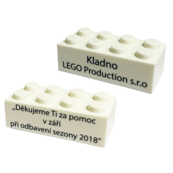 Brick 2 x 4 with 'Kladno LEGO Production s.r.o.' and 'Thank you for your help in September 2018' (Translated Czech) Pattern on Opposite Sides Brick 2 x 4 with 'Kladno LEGO Production s.r.o.' and 'Thank you for your help in September 2018' (Translated Czech) Pattern on Opposite Sides