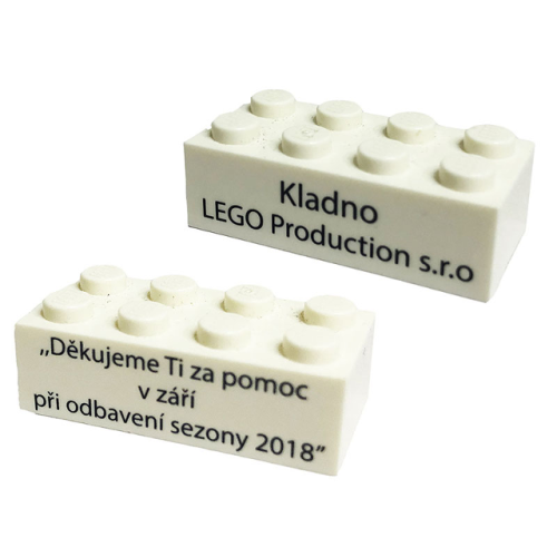 Деталь LEGO 3001pb139 Brick 2 x 4 with 'Kladno LEGO Production s.r.o.' and 'Thank you for your help in September 2018' (Translated Czech) Pattern on Opposite Sides