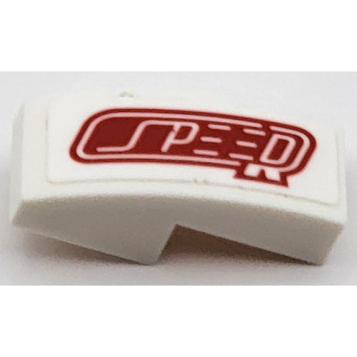 Деталь LEGO 11477pb161R Slope, Curved 2 x 1 x 2/3 with Red 'SPEED' Pattern Model Right Side (Sticker) - Set 42109