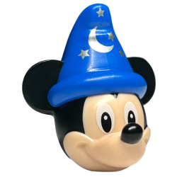 Minifigure, Head, Modified Mouse with Molded Black Ears and Blue Wizard Hat and Printed Nose, White Eyes and Silver Moon and Stars Pattern (Mickey)