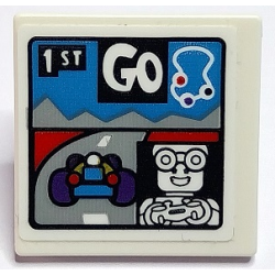Road Sign 2 x 2 Square with Open O Clip with Race Car, Track Outline, Gamer Minifigure, '1ST' and 'GO' Pattern (Sticker) - Set 70436