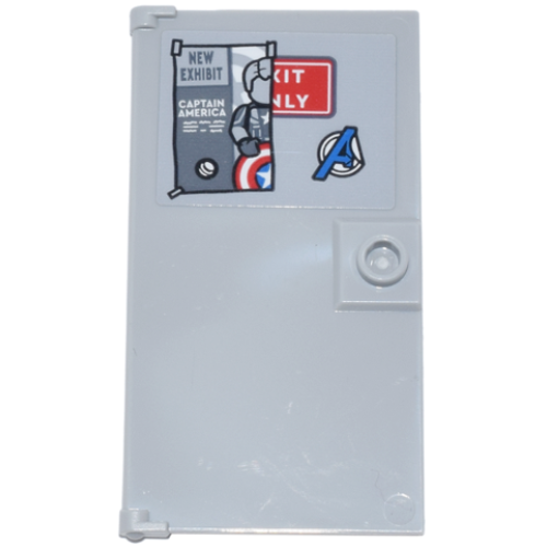 Деталь LEGO 60616pb106 Door 1 x 4 x 6 with Stud Handle with Blue Avengers Logo and Flyer 'NEW EXHIBIT' and 'CAPTAIN AMERICA' Covering Red Exit Only Sign Pattern (Sticker) - Set 76269