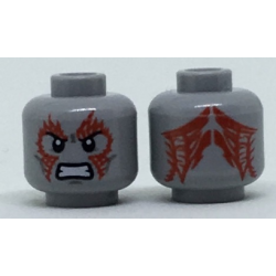 Minifigure, Head Alien Black Eyebrows, Dark Bluish Gray Cheek Lines, Fierce Expression, Red Tattoos on Front and Back Pattern