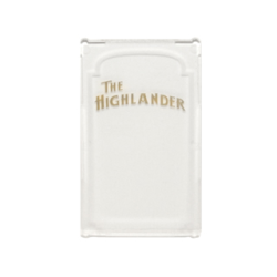 Glass for Window 1 x 4 x 6 with 'THE HIGHLANDER' and White Decorative Border Pattern