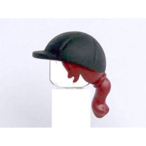 Деталь LEGO 92254pb01 Mini Doll, Hair Combo, Hair with Hat, Long Ponytail, Side Bangs, Hole in Back with Molded Black Horse Riding Helmet Pattern