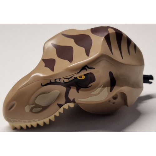 Деталь LEGO 98161c09pb02 Dinosaur Head Tyrannosaurus rex with Dark Tan Top and Black Pin with Tan Teeth and Spots and Dark Brown Stripes Pattern