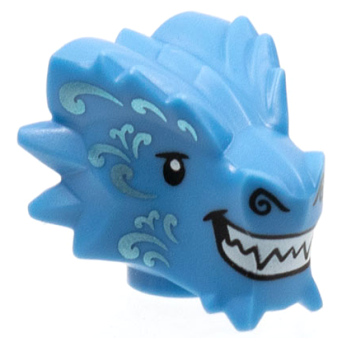 Деталь LEGO 77194pb02 Minifigure, Head, Modified Dragon with Black Eyes and Nostrils, Metallic Light Blue Filigree, White Sharp Teeth Pattern