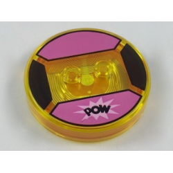 Dimensions Toy Tag 4 x 4 x 2/3 with 2 Studs and Trans-Orange Bottom with Black 'POW' in Bright Pink Starburst on Dark Pink Background Pattern (Blossom)