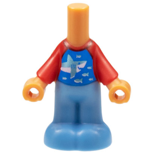 Деталь LEGO bb1357pb010 Micro Doll, Body with Molded Red Top and Medium Blue Pants and Printed Blue Panel with Metallic Light Blue Shark and Fish Pattern