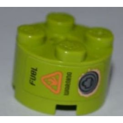 Brick, Round 2 x 2 with Axle Hole with 'FUEL WARNING' and Rusted Filler Cap Pattern (Sticker) - Set 8707