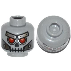 Minifigure, Head Alien Skull with Red Eyes, Metal Eyebrows with Rivets and Metal Jaw with Screws Pattern - Light Bluish Gray