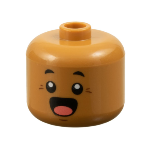 Деталь LEGO 79435pb08 Minifigure, Head, Modified Giant Black Eyebrows, Reddish Brown Chin Dimple and Crow's Feet, Surprised Open Mouth with Coral Tongue Pattern - Vented Stud