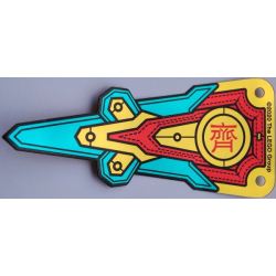 Plastic Part for Set 80012 - Pennant Flag with Red Band, Black Stitching, Dark Turquoise and Gold Panels, and Chinese Logogram '齊' (Together) Pattern