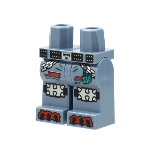Деталь LEGO 970c00pb1242 Hips and Legs with Black Belt, Silver Buckle, Chains and Spiked Knee Pads, Dark Turquoise Music Charm, Red Rips and Claws Pattern