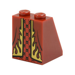 Slope 65 2 x 2 x 2 with Bottom Tube with Minifigure Dress / Skirt / Robe, Gold Flames Trim over Red Panel with Black Skulls Pattern Slope 65 2 x 2 x 2 with Bottom Tube with Minifigure Dress / Skirt / Robe, Gold Flames Trim over Red Panel with Black Skulls Pattern