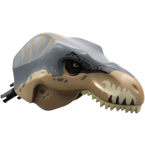 Деталь LEGO 98161c06pb02 Dinosaur Head Tyrannosaurus rex with Dark Bluish Gray Top and Black Pin with Tan Teeth and Dark Tan Stripes Pattern