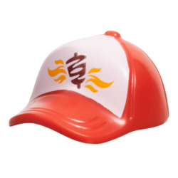 Minifigure, Headgear Cap - Short Curved Bill with Seams and Button on Top with Bright Light Orange Flames and Dark Red Kebab on White Background Pattern
